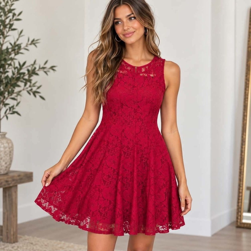 Roz & Ali 10 Red Lace Dress Romantic Feminine Coquette Cocktail Party